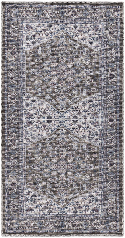 Rectangular Persian-style rug in blue, taupe and ivory, featuring central medallions, ornate borders, and fringed ends.