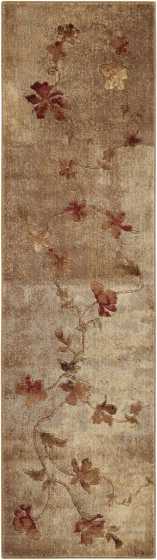 Narrow beige runner rug with a reddish-pink floral vine and scattered leaves in farmhouse style.