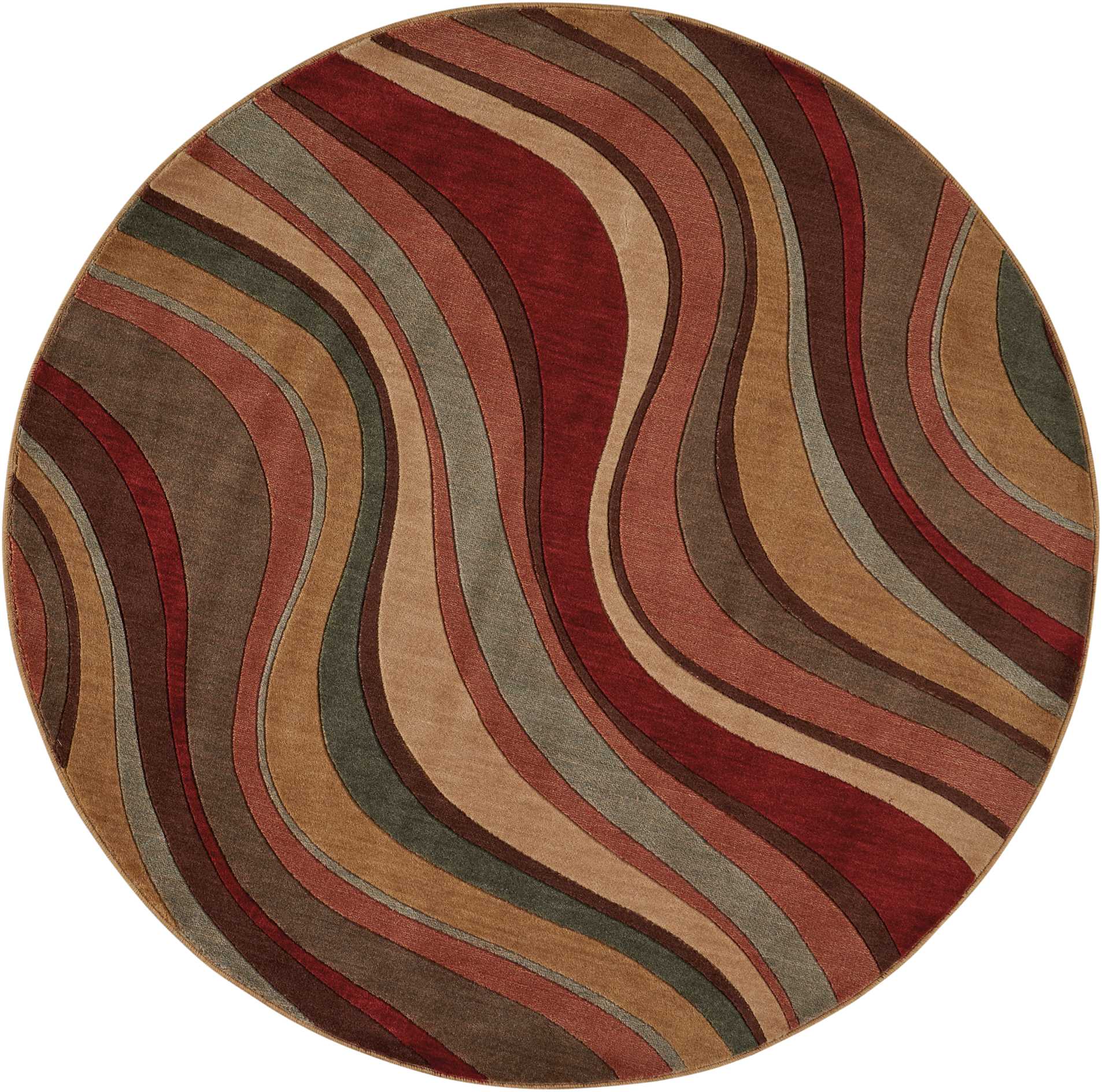 Round rug with curved, wave-like stripes in earthy burgundy, olive, tan, rust and brown tones.