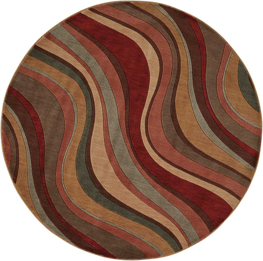 Round rug with curved, wave-like stripes in earthy burgundy, olive, tan, rust and brown tones.