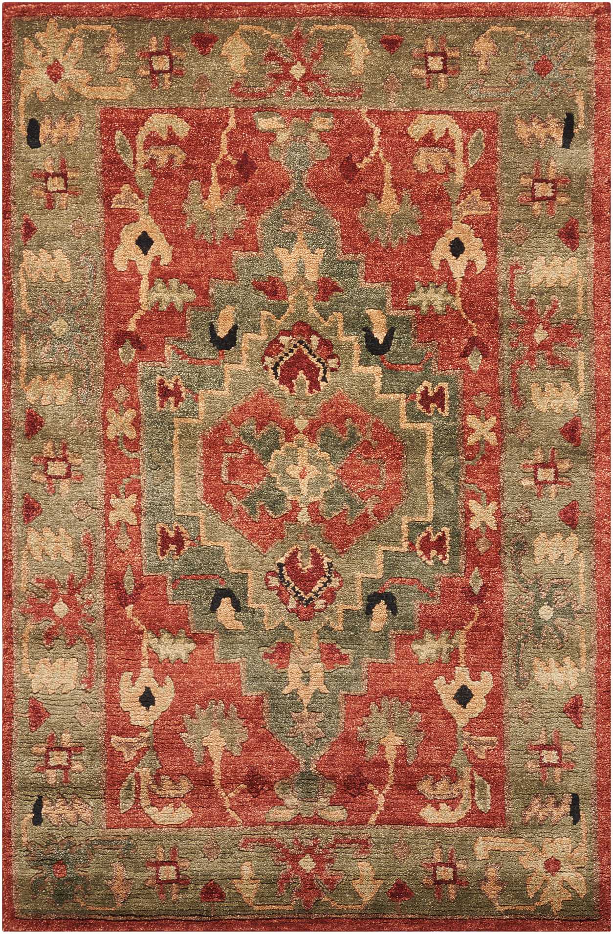 Traditional oriental area rug with red field, central geometric medallion, sage green border and ivory floral motifs.