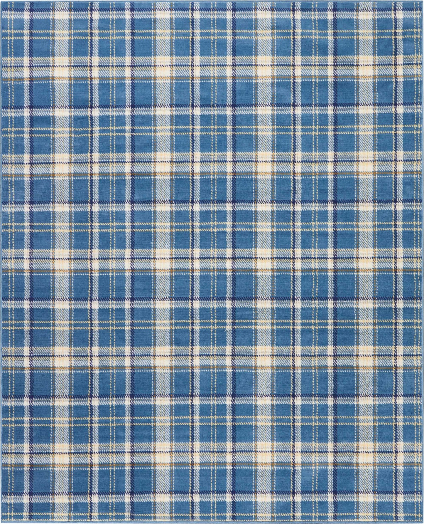 Blue plaid rug with white and pale yellow lines in a checkered pattern; rustic 8' x 10' rug.