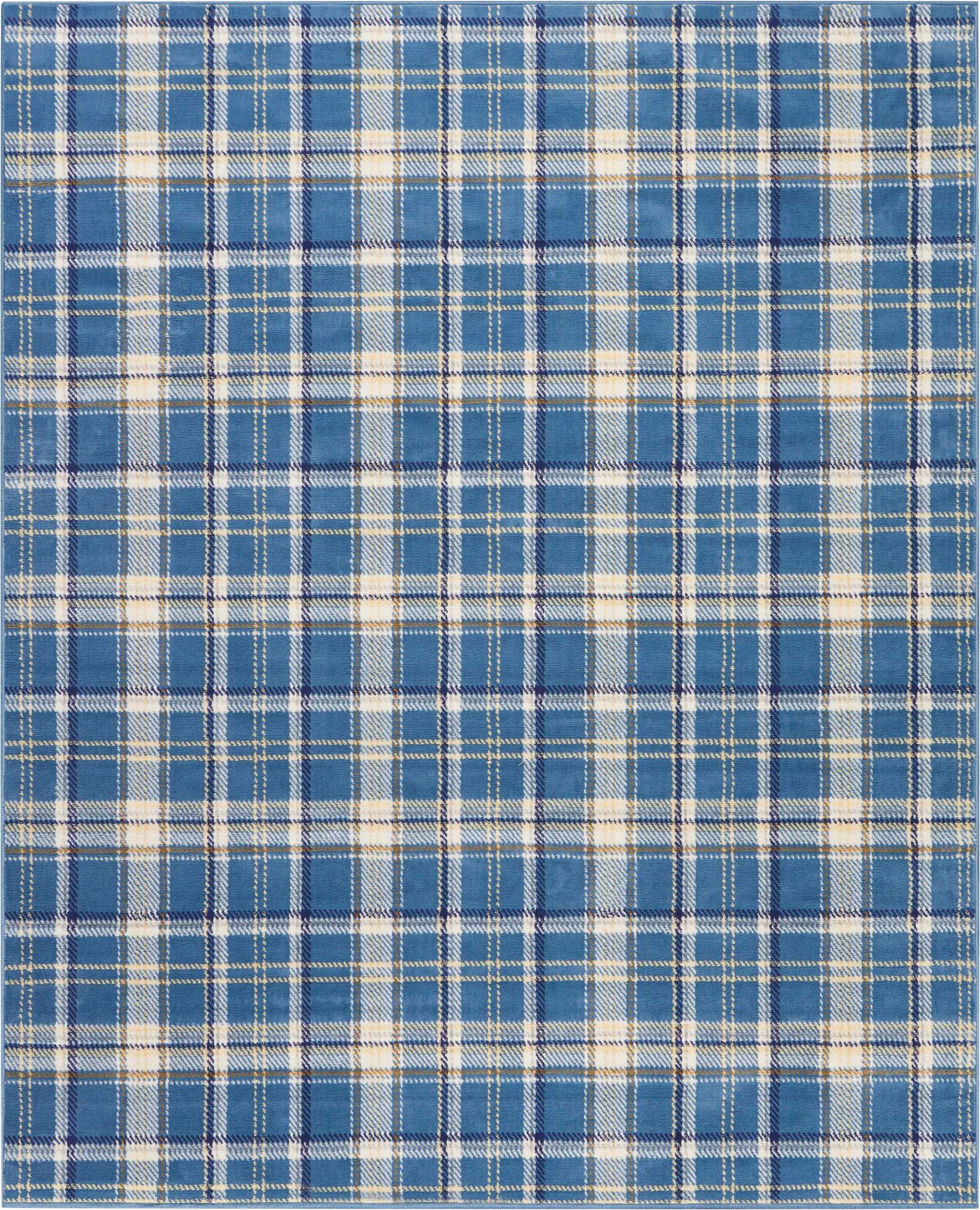 Blue plaid rug with white and pale yellow lines in a checkered pattern; rustic 8' x 10' rug.