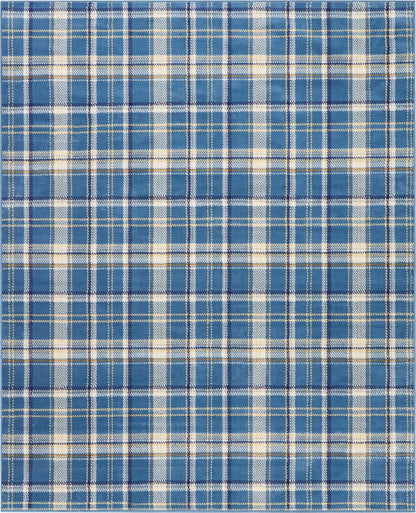 Blue plaid rug with white and pale yellow lines in a checkered pattern; rustic 8' x 10' rug.