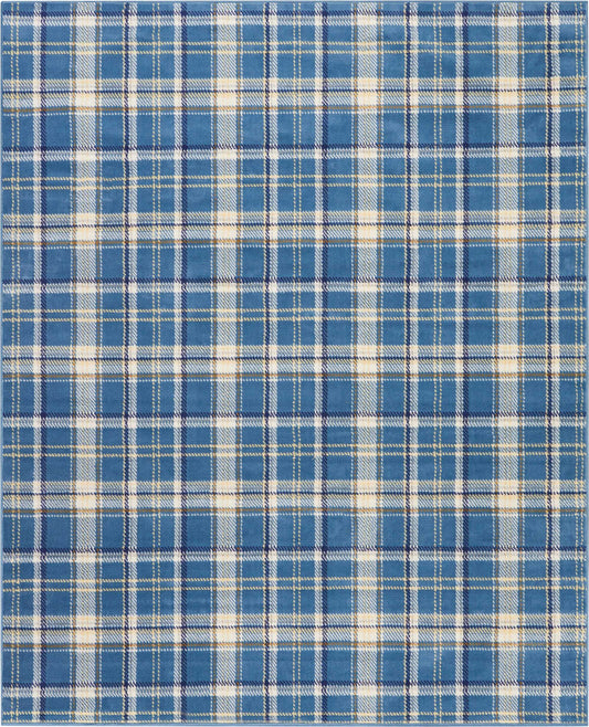 Blue plaid rug with white and pale yellow lines in a checkered pattern; rustic 8' x 10' rug.