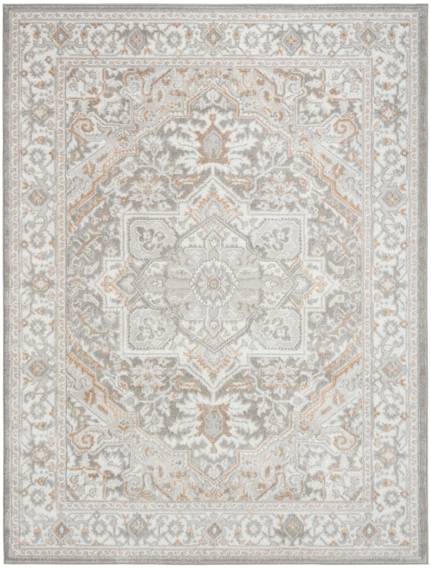 Neutral-toned Persian-style area rug with central medallion, floral motifs, and borders in ivory, beige, gray.