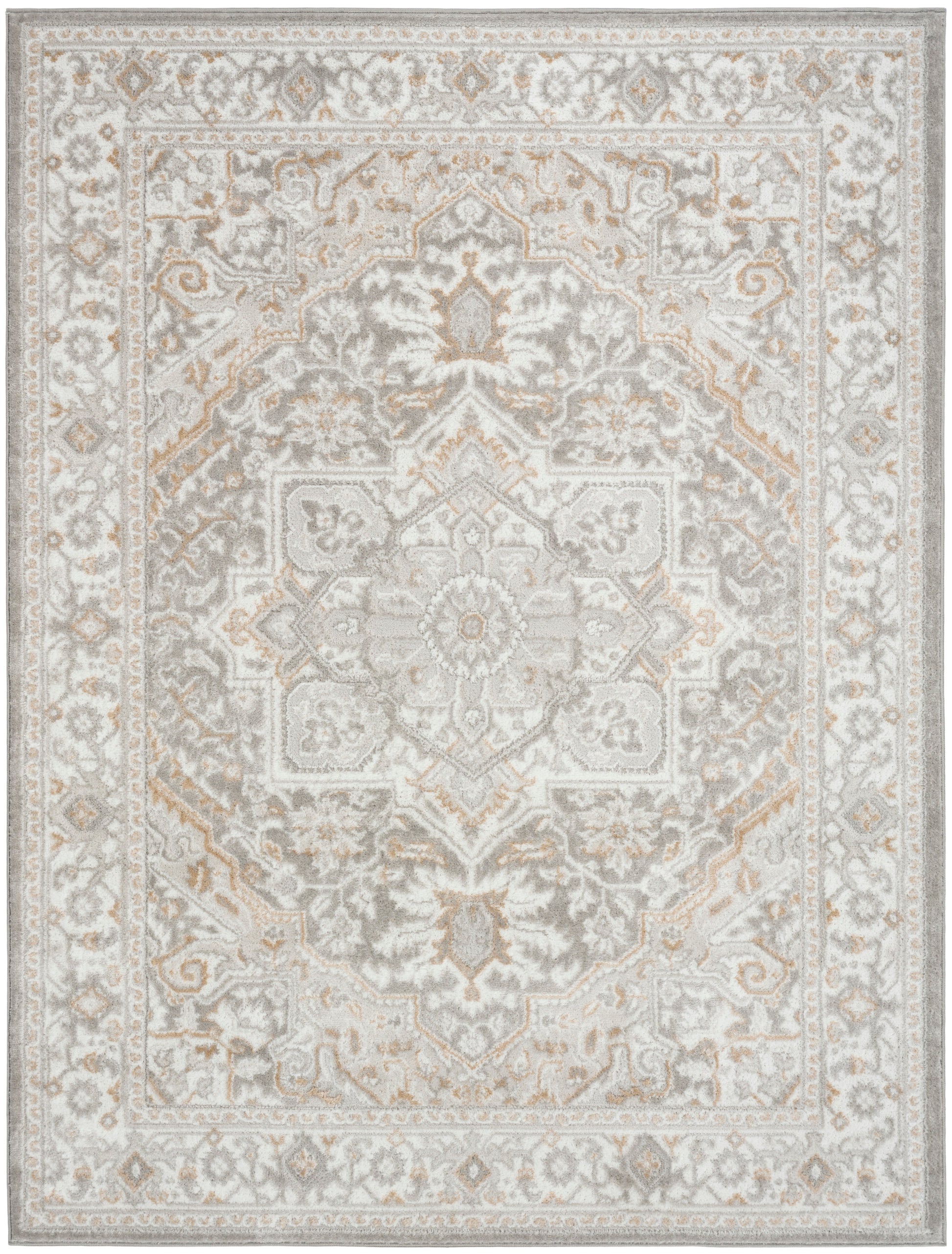 Neutral-toned Persian-style area rug with central medallion, floral motifs, and borders in ivory, beige, gray.