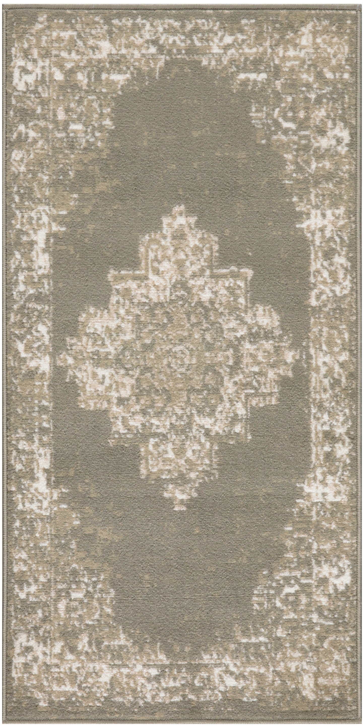 Taupe & beige distressed vintage rug with central medallion & light border, rectangular area rug.