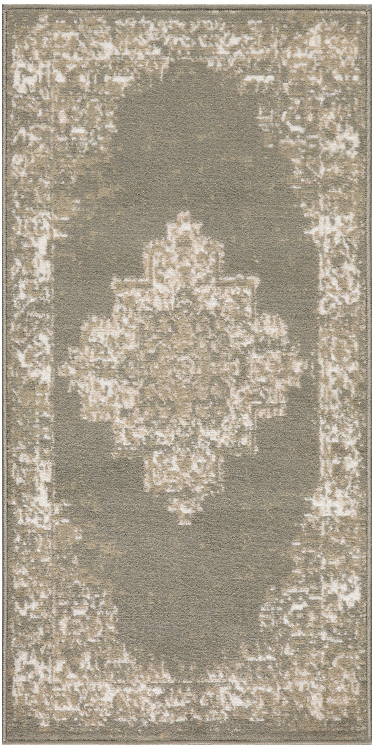 Taupe & beige distressed vintage rug with central medallion & light border, rectangular area rug.