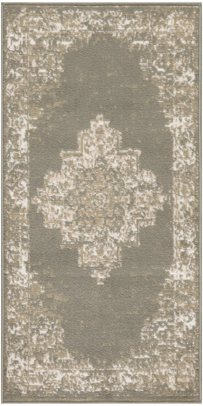 Taupe & beige distressed vintage rug with central medallion & light border, rectangular area rug.