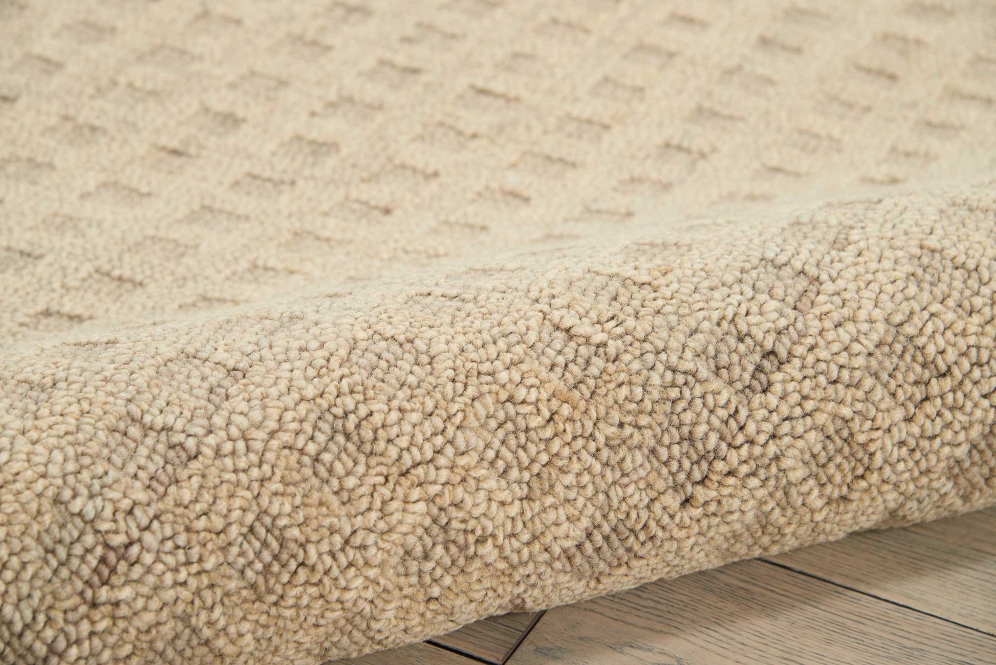 Beige shag rug with dense looped pile, rolled edge on light wooden floor.