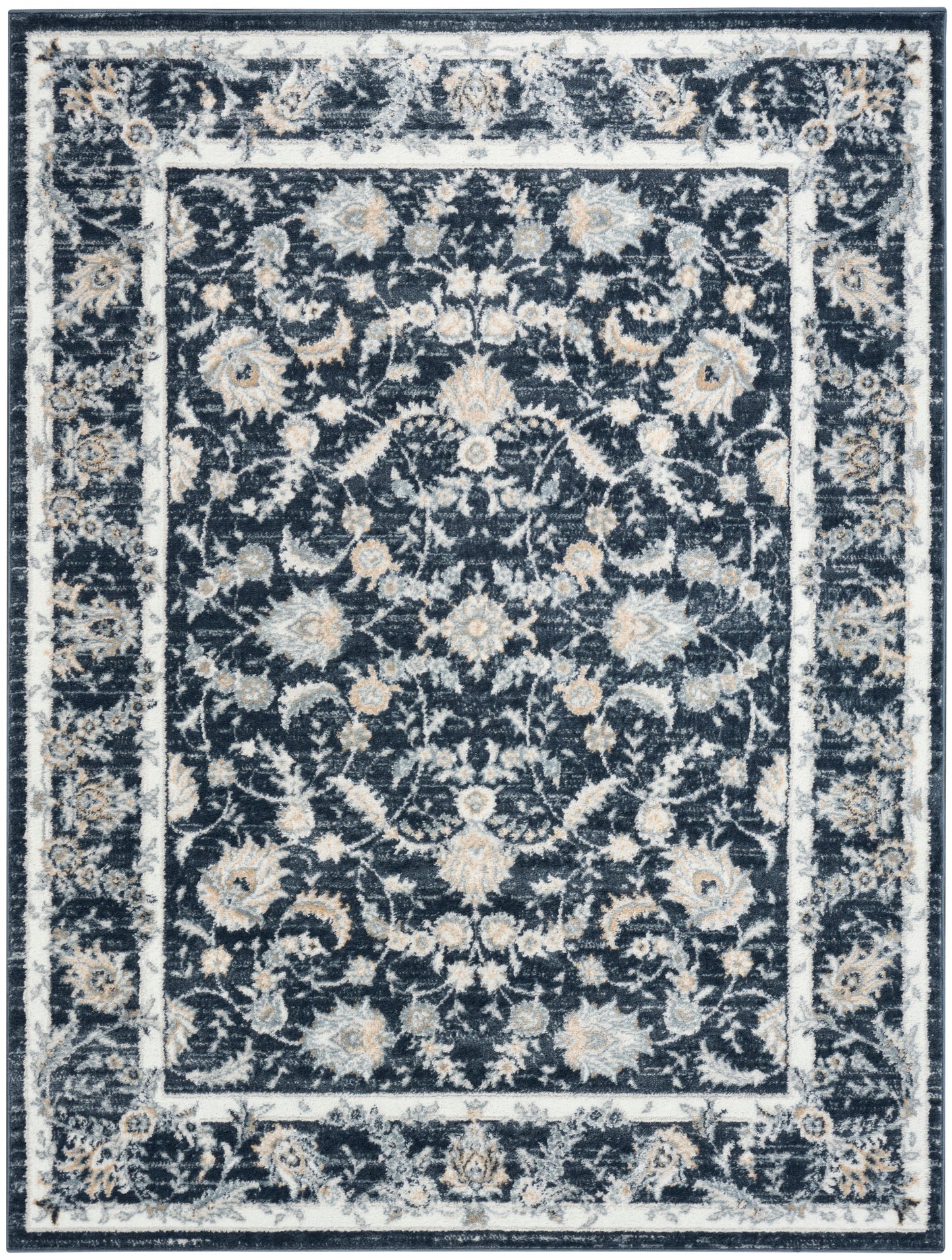 Rectangular navy-blue oriental rug with ivory floral damask pattern and light border.