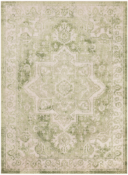 Distressed vintage area rug in olive and beige hues, ornate central medallion and floral border.