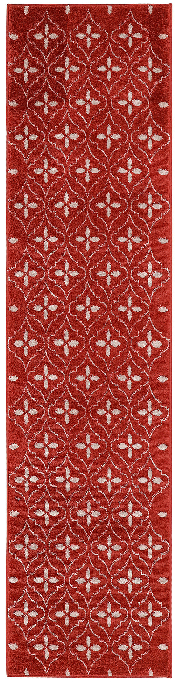 Red long runner rug with white geometric quatrefoil lattice and small floral motifs, bordered edges.