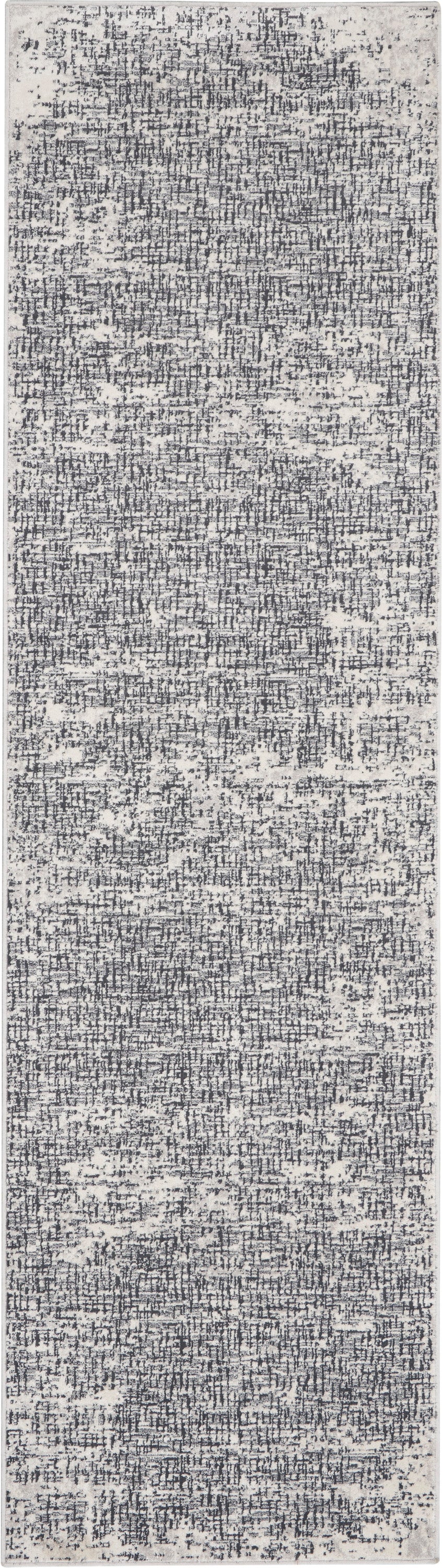 Rectangular rug runner with distressed gray and ivory abstract pattern for modern rustic decor