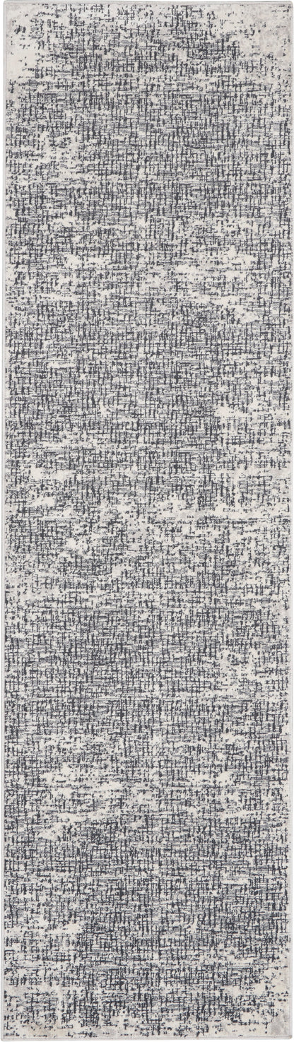Rectangular rug runner with distressed gray and ivory abstract pattern for modern rustic decor