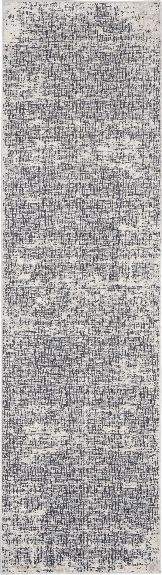 Rectangular rug runner with distressed gray and ivory abstract pattern for modern rustic decor