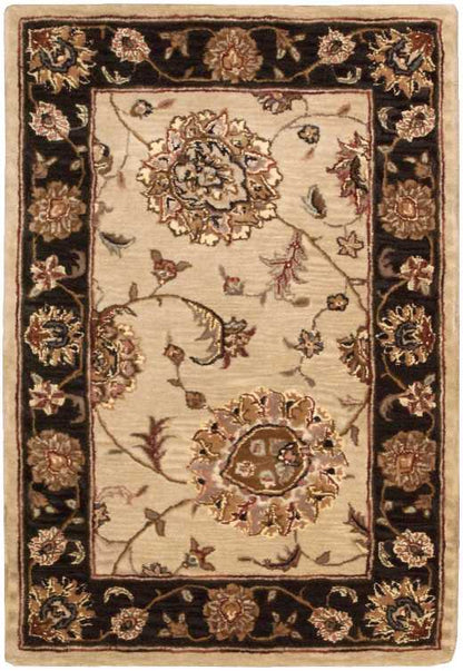 Beige oriental area rug with a dark floral border and cream, gold, and pink center blossoms.