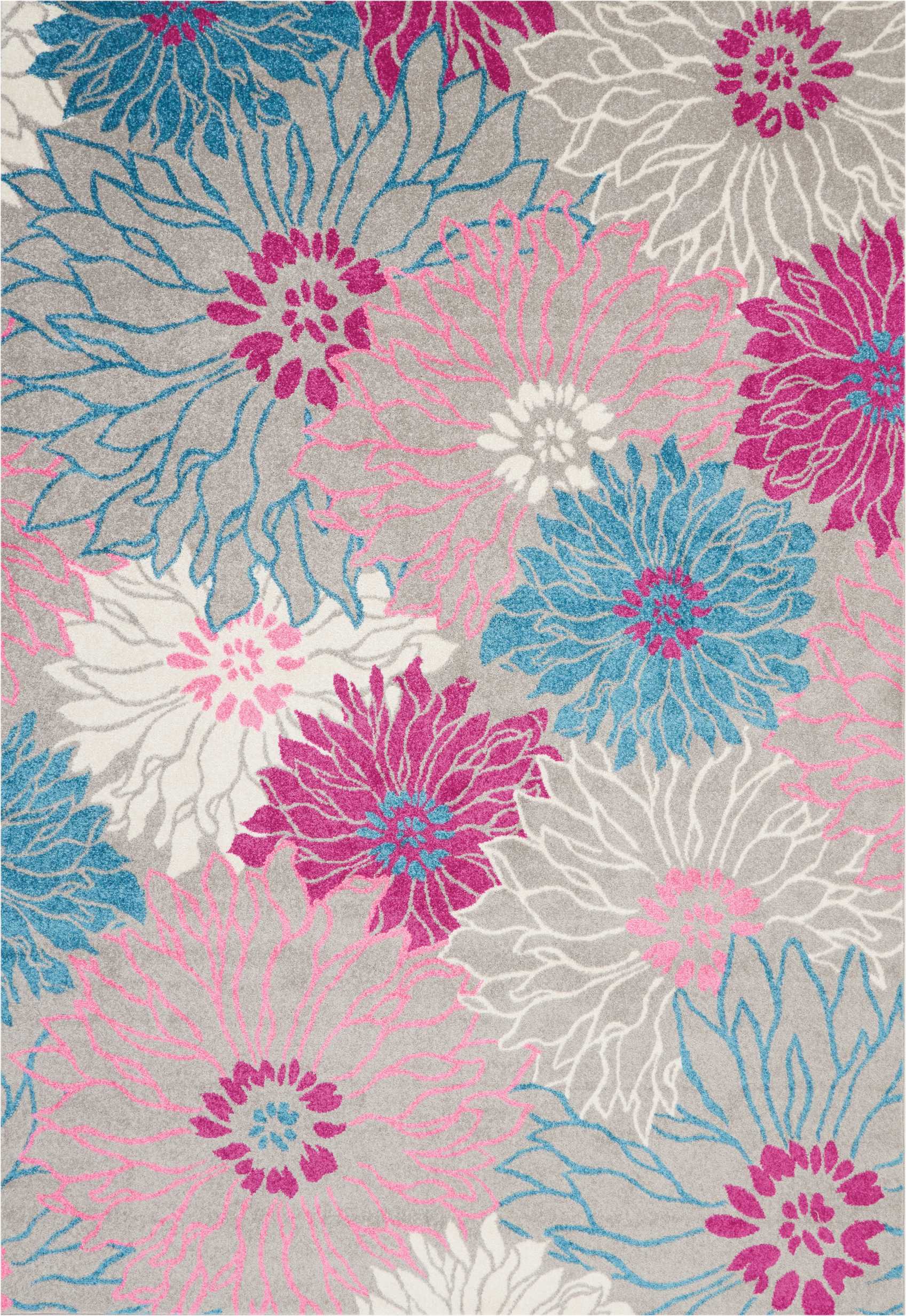 Colorful floral area rug with oversized pink, blue and white petals on a light gray background.