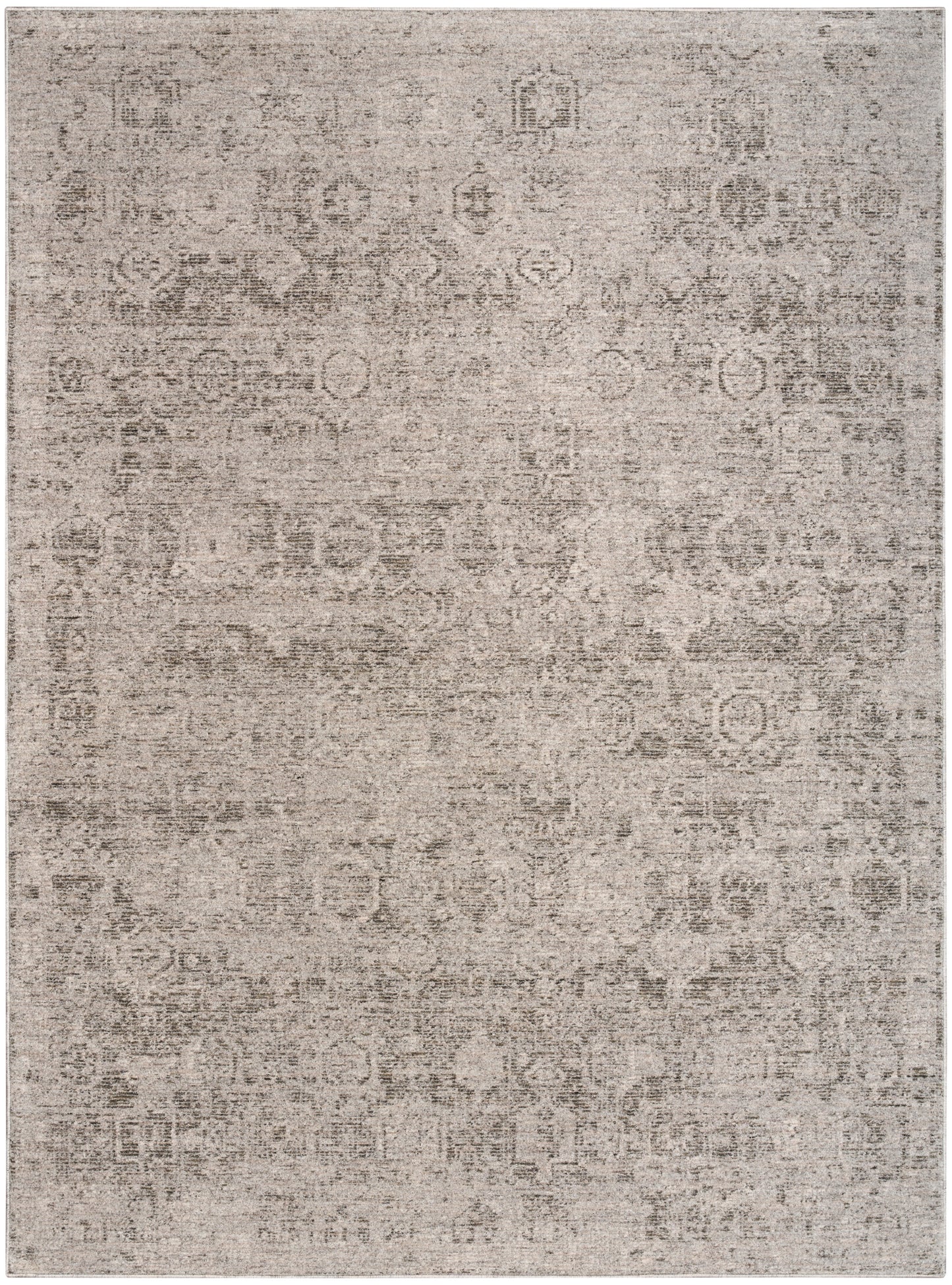 Rectangular beige distressed rug with vintage oriental pattern in taupe and ivory hues, ideal for living room decor.