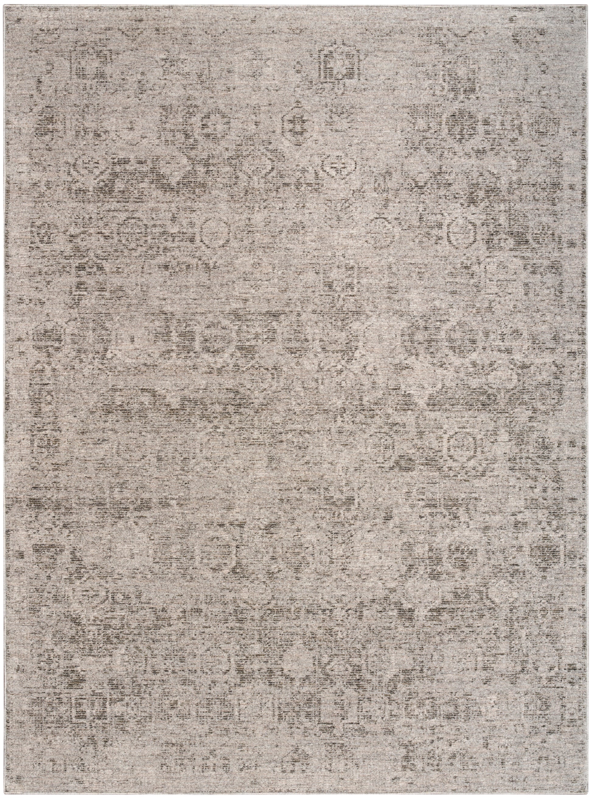 Rectangular beige distressed rug with vintage oriental pattern in taupe and ivory hues, ideal for living room decor.