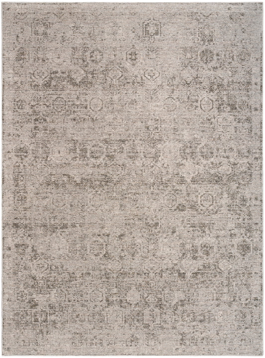 Rectangular beige distressed rug with vintage oriental pattern in taupe and ivory hues, ideal for living room decor.
