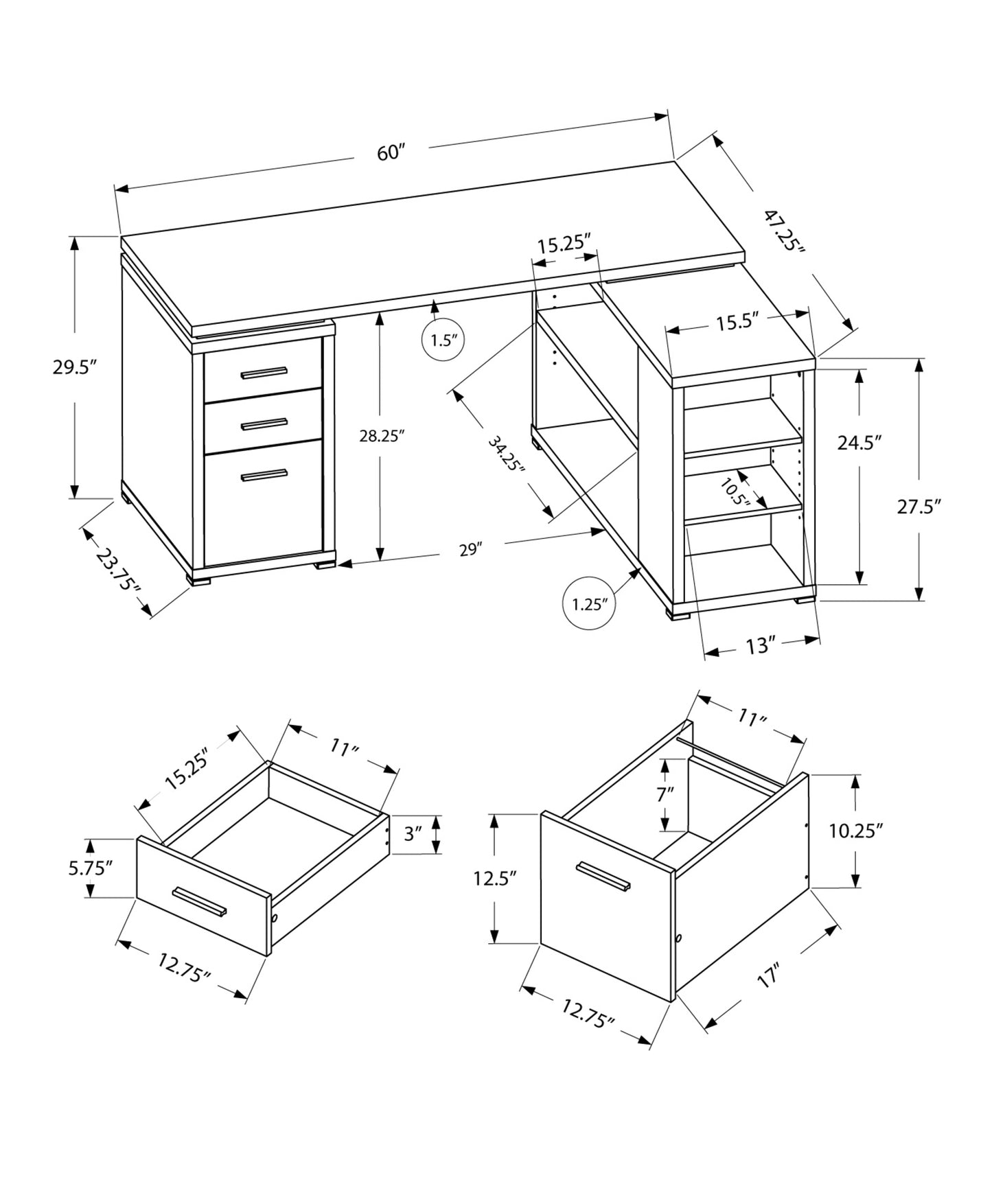 47" Gray L Shape Computer Desk With Three Drawers