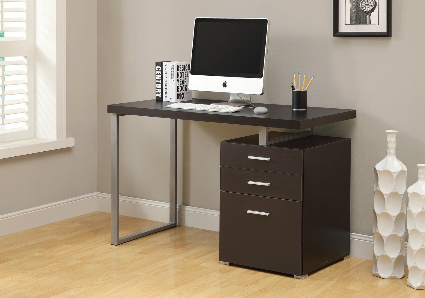 24" Taupe and Silver Computer Desk With Three Drawers