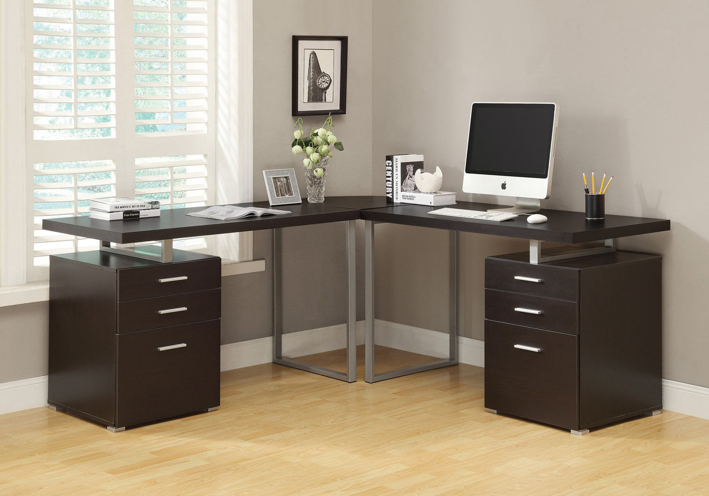 24" Taupe and Silver Computer Desk With Three Drawers