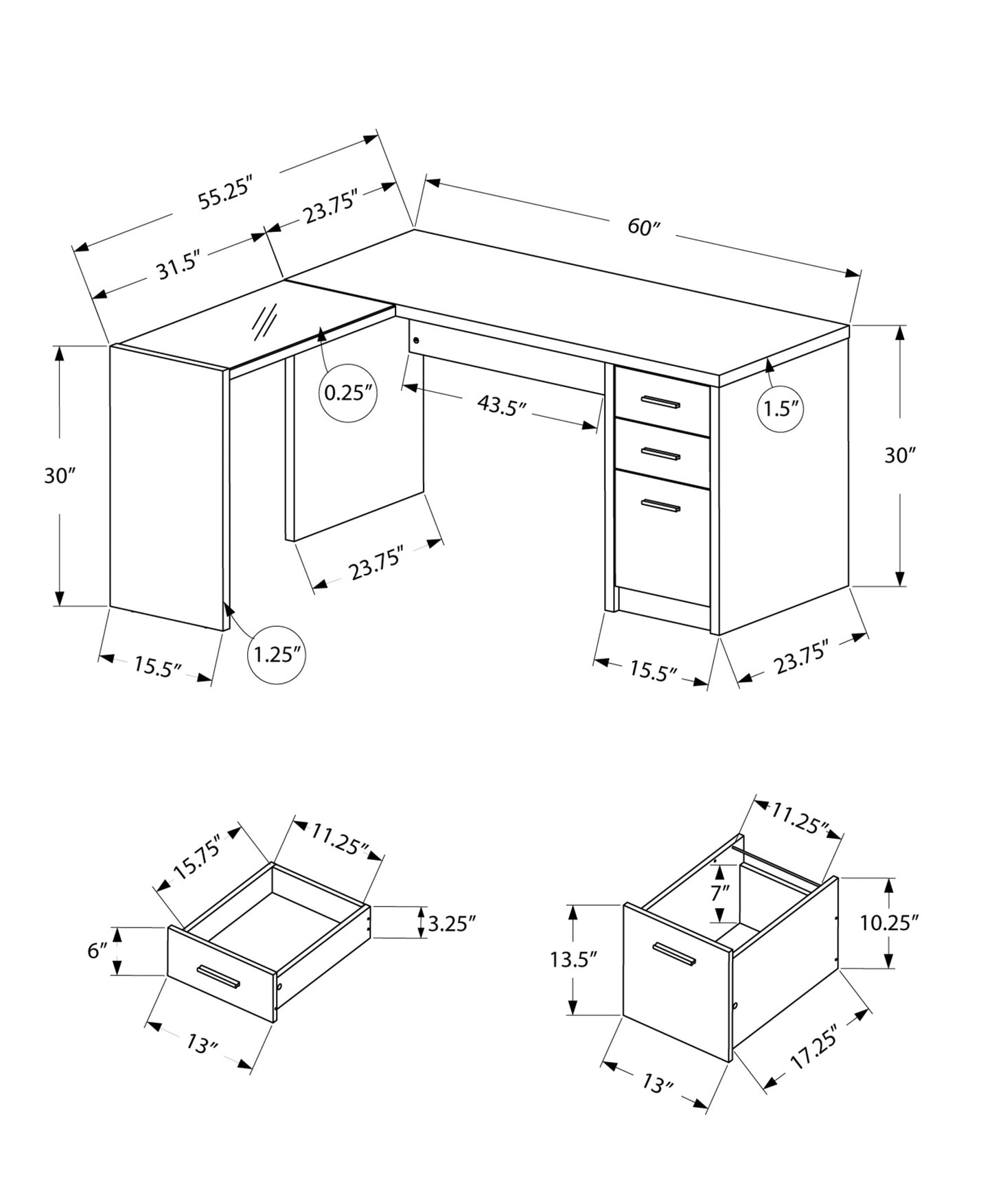 55" White Glass L Shape Computer Desk With Three Drawers