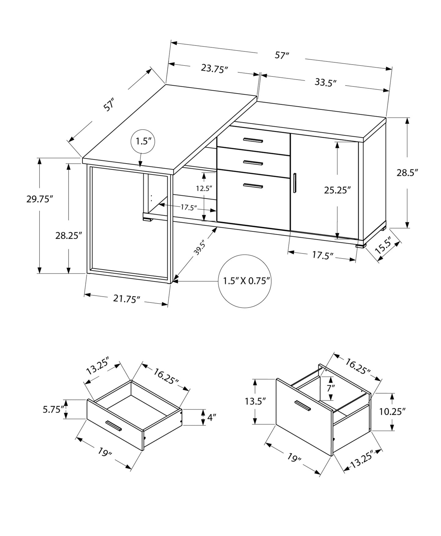 57" Gray and Silver L Shape Computer Desk With Three Drawers