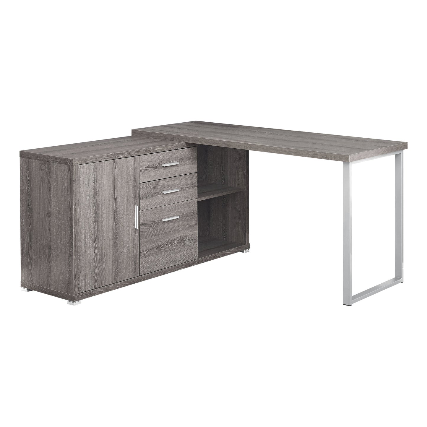 57" Gray and Silver L Shape Computer Desk With Three Drawers