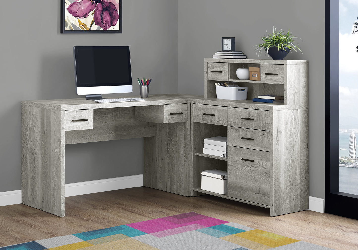 59" Gray and Black L Shape Computer Desk With Eight Drawers