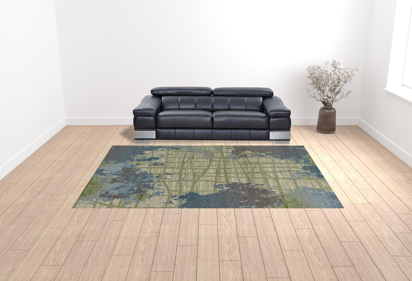 5'X8' Green Blue Machine Woven Abstract Indoor Area Rug