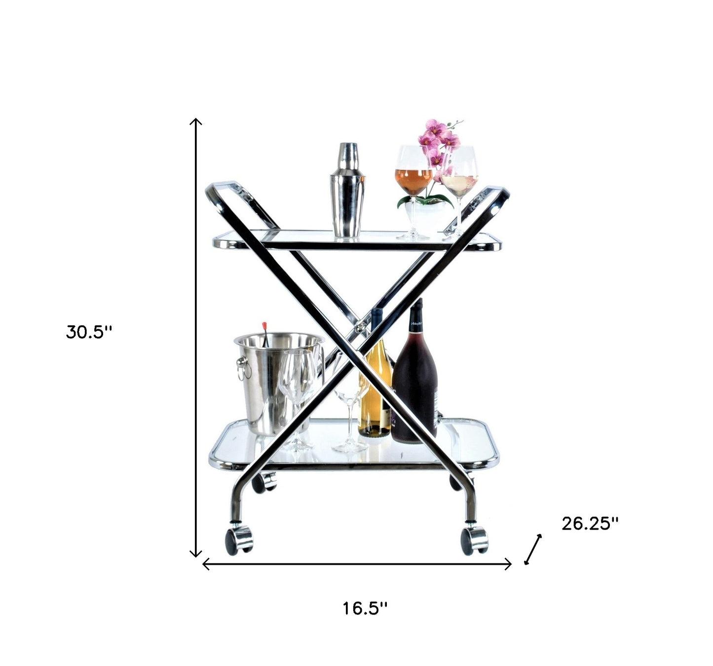 16.5" X 26.25" X 30.5" Chrome Xshape  Bar Cart