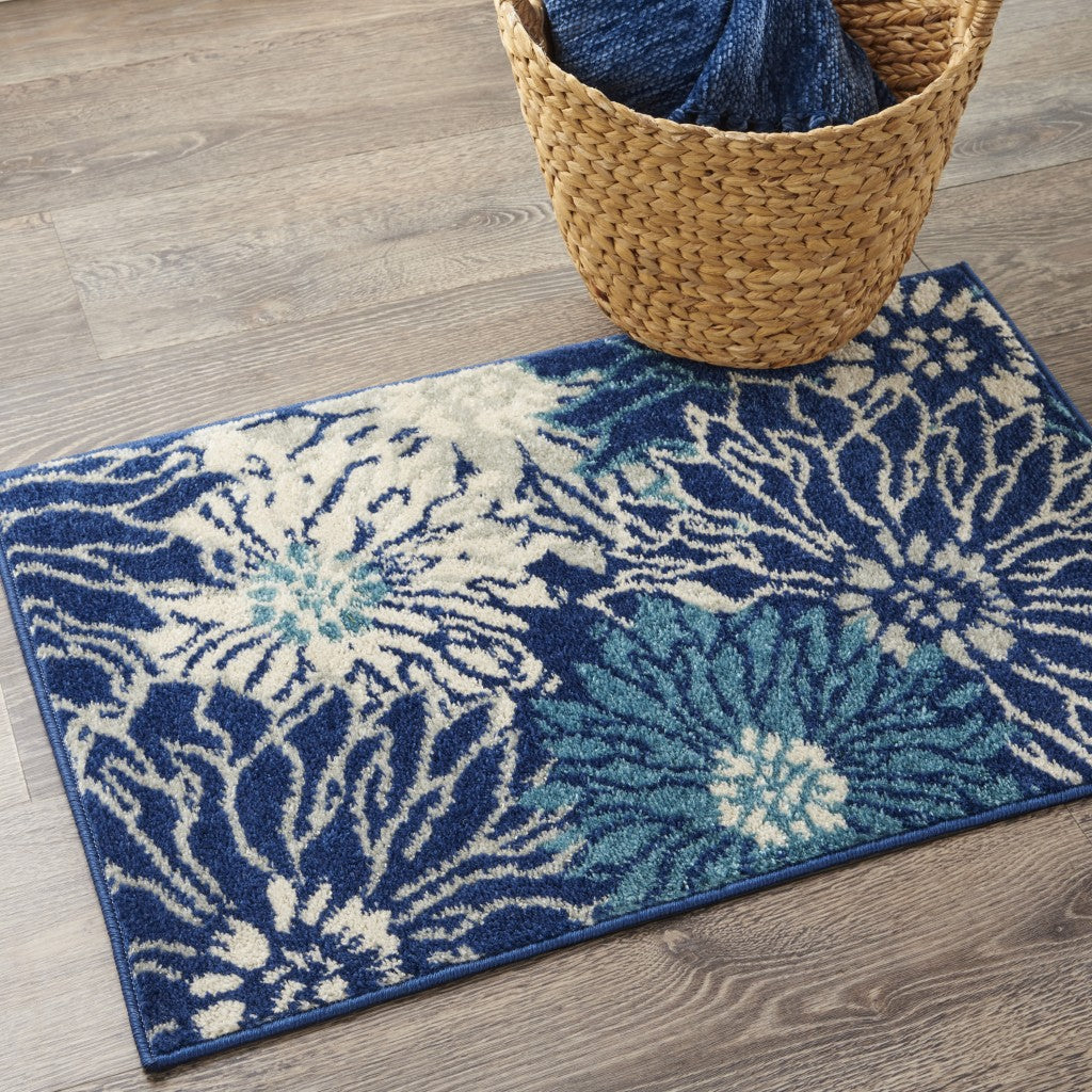 4' Blue And Ivory Round Floral Dhurrie Area Rug