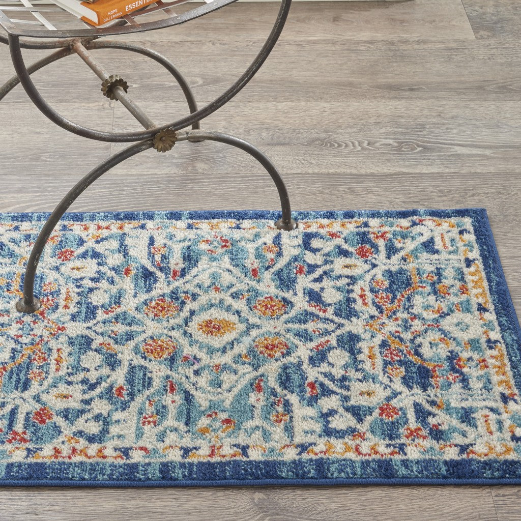 8' Blue And Ivory Floral Power Loom Runner Rug
