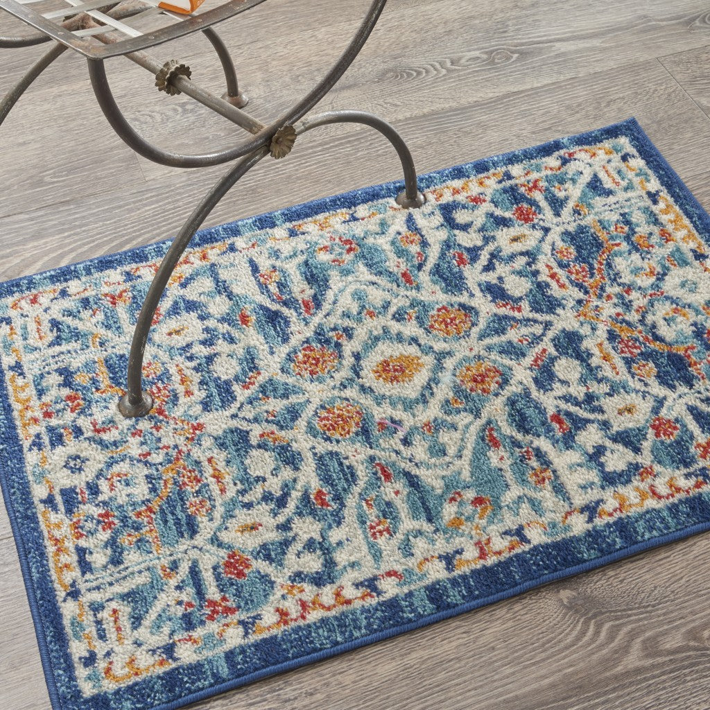 8' Blue And Ivory Floral Power Loom Runner Rug