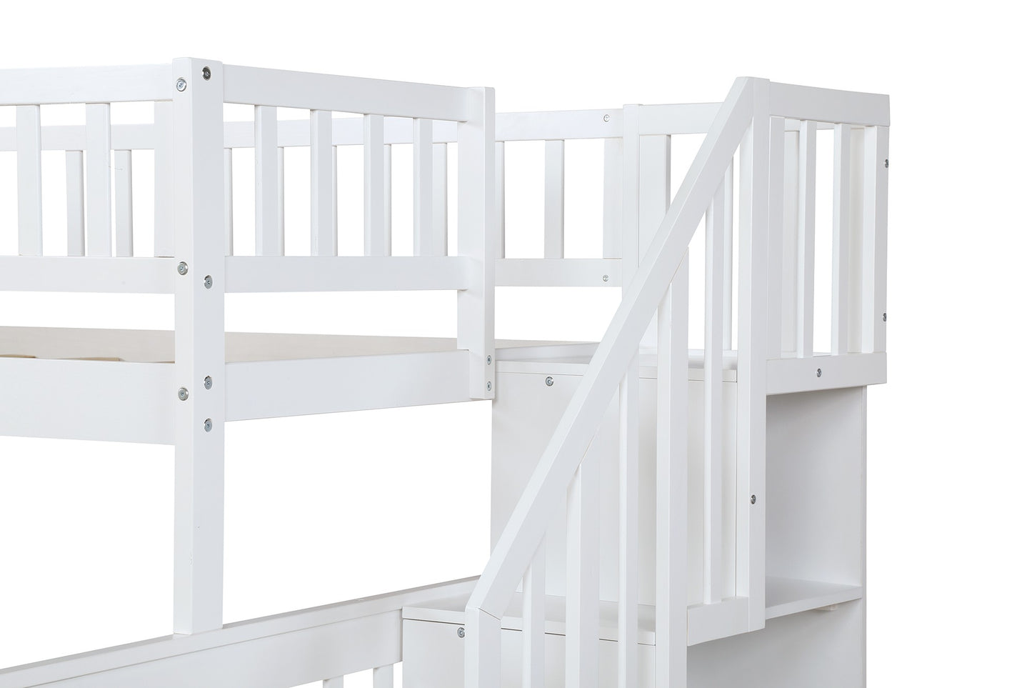 White Twin Over Full Farmhouse Style Bunk Bed with Staircase