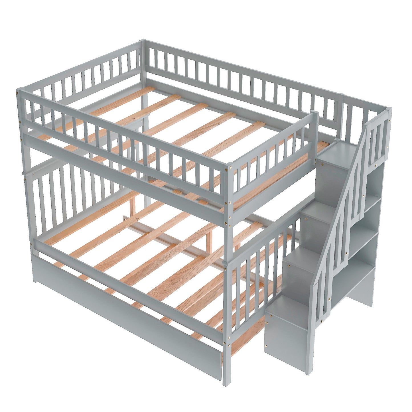 Gray Full Over Full Farmhouse Style Bunk Bed with Trundle and Staircase