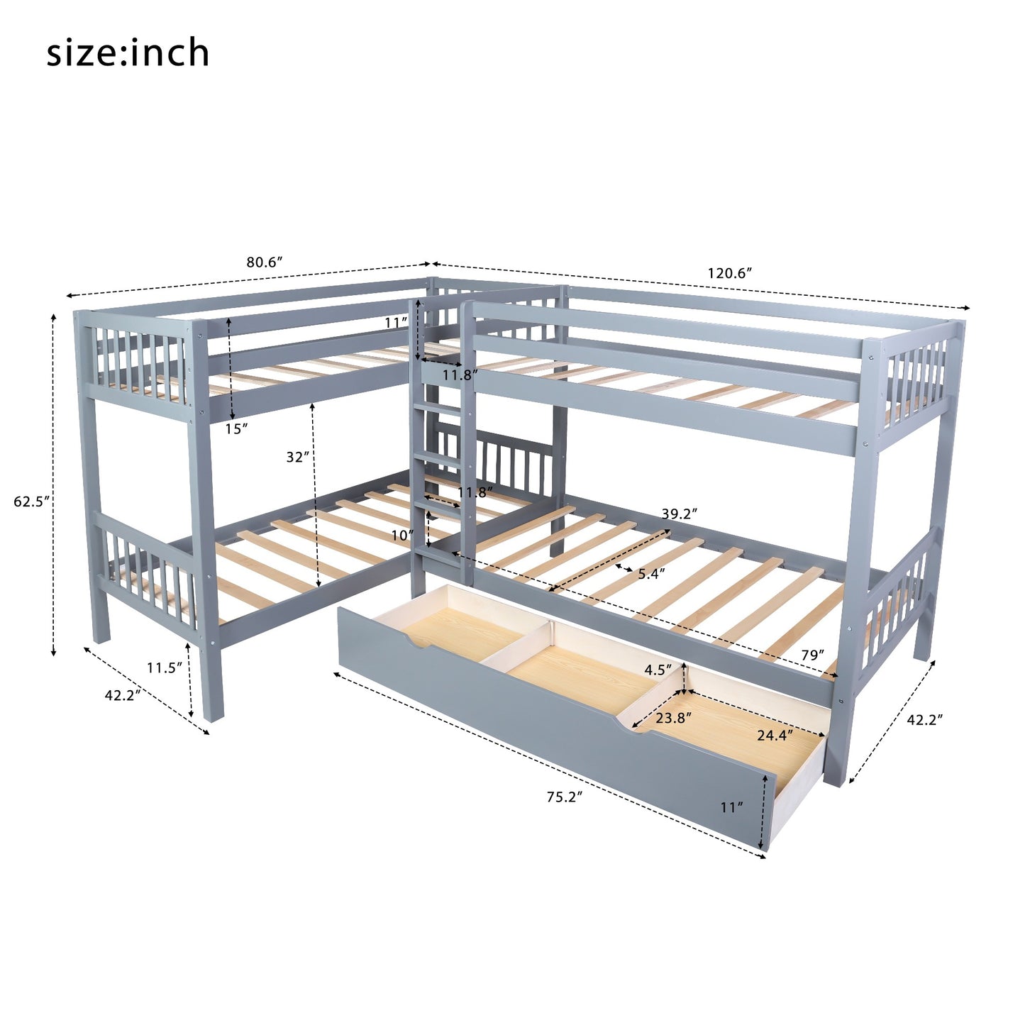 Gray Twin Size L Shaped Double Bunk Bed with Drawer