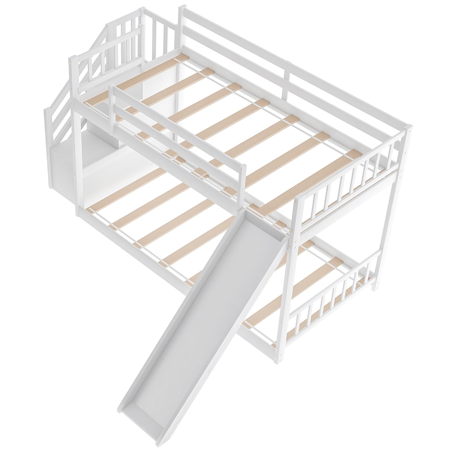White Twin Over Twin Bunk Bed with Stairway and Slide