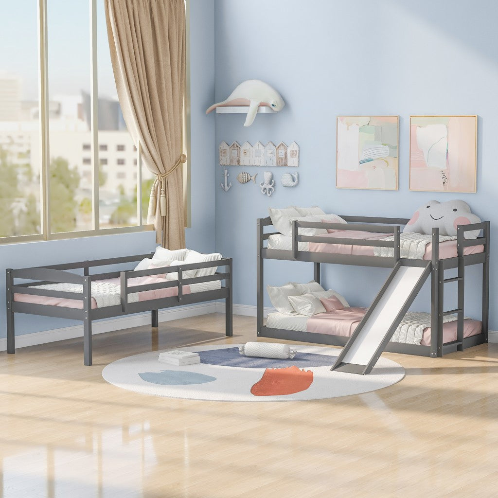 Gray Triple Bunk Twin Sized Bed with Slide