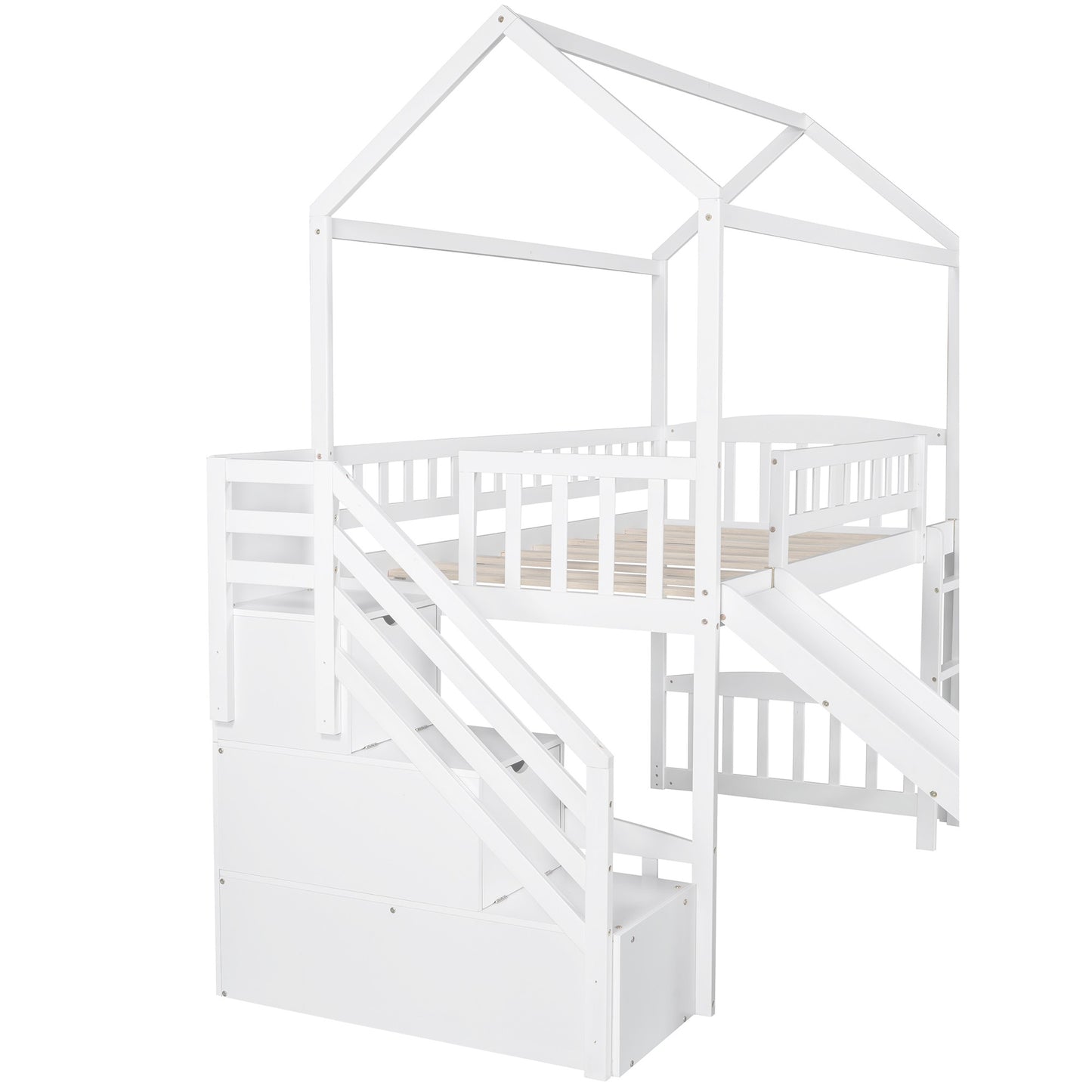 White Twin Size Playhouse Loft Bed With Drawers and Slide