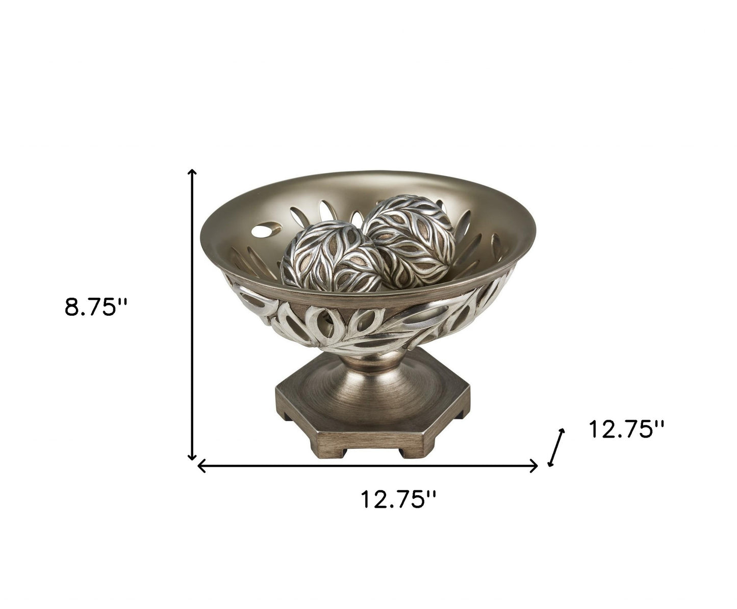 13" Brushed Silver Leaf Polyresin Decorative Pedestal Bowl with Orbs