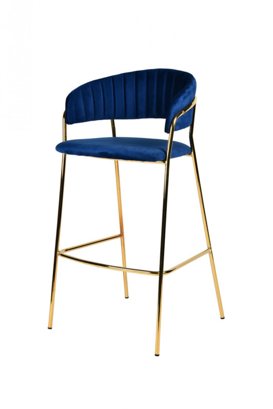 Set of Two 30" Dark Blue And Gold Steel Low Back Bar Height Bar Chairs