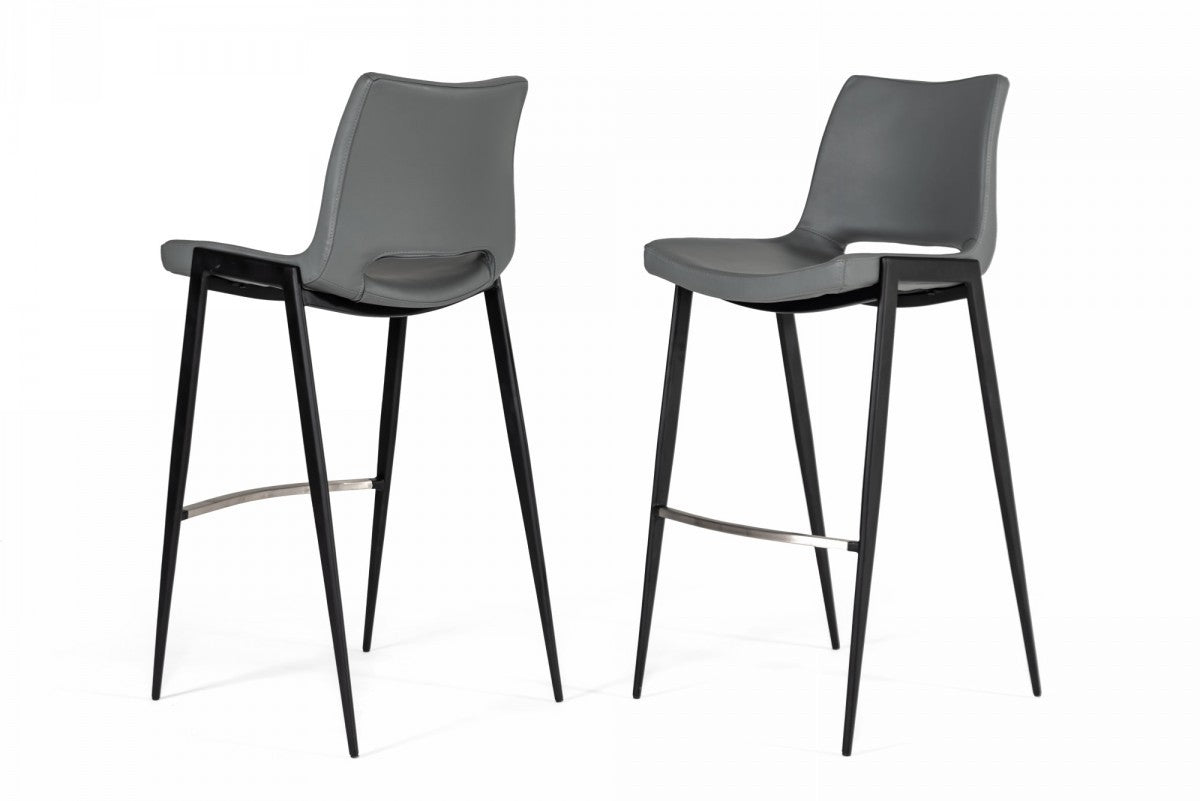 Set of Two 30" Gray And Black Faux Leather And Stainless Steel Bar Height Bar Chairs