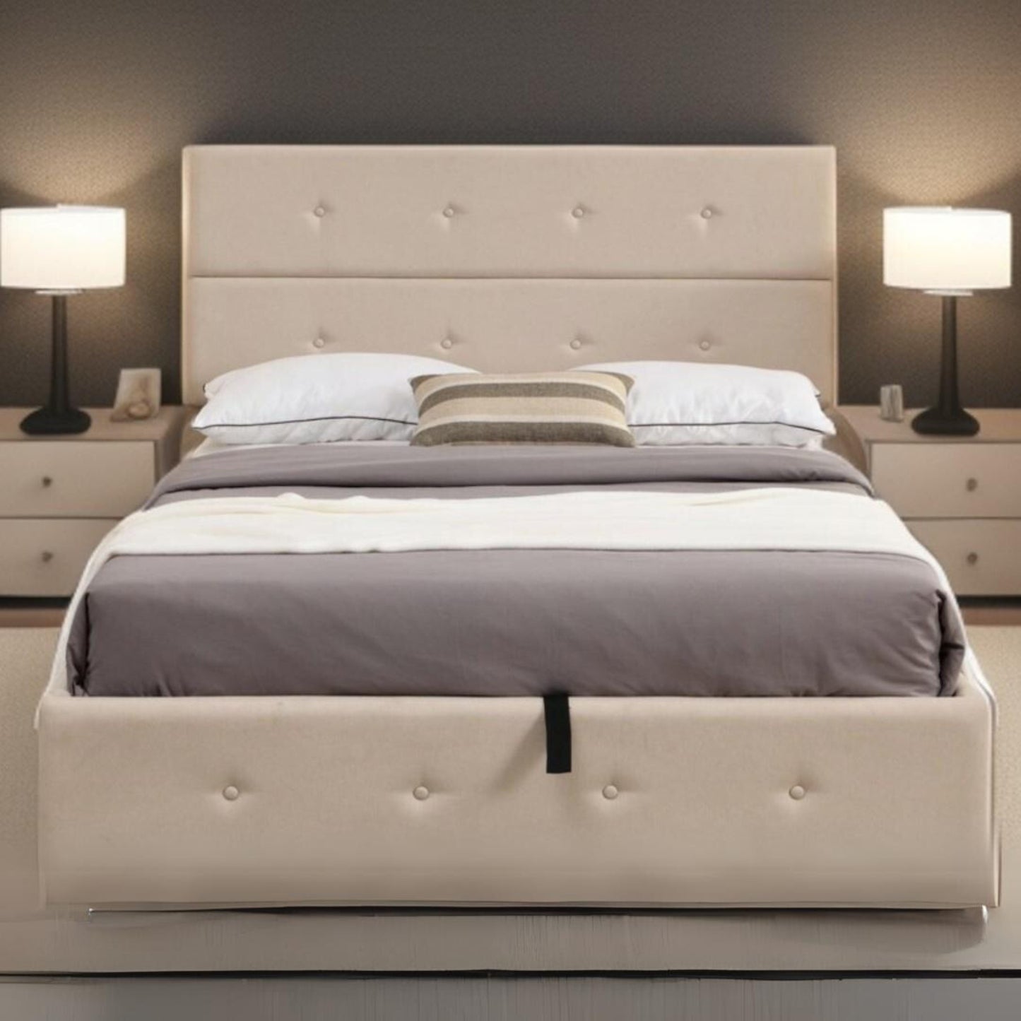 Iron Full Double Tufted Beige Upholstered Linen Blend Bed