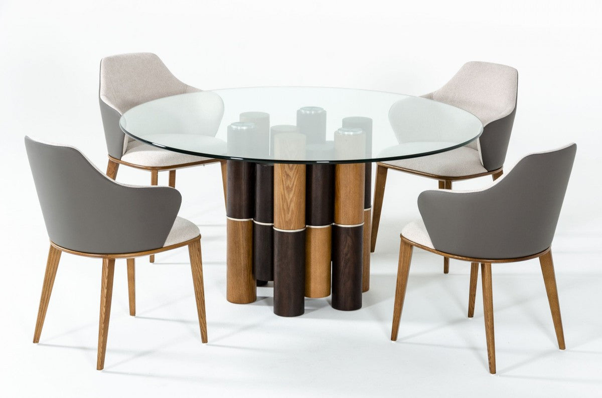 59" Clear And Walnut Rounded Glass And Solid Manufactured Wood Dining Table