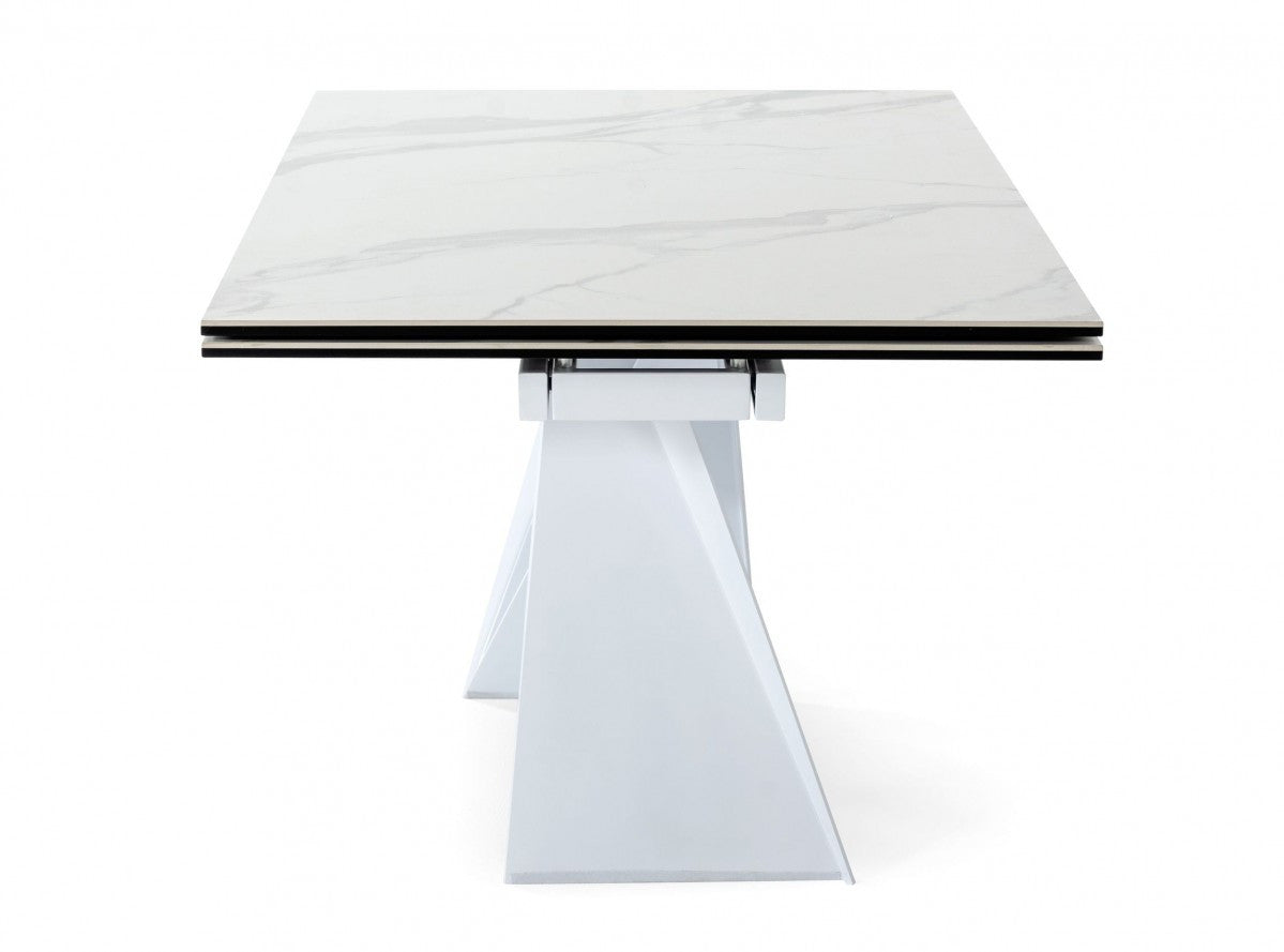 107" White Rectangular Ceramic And Metal Self-Storing Leaf Dining Table